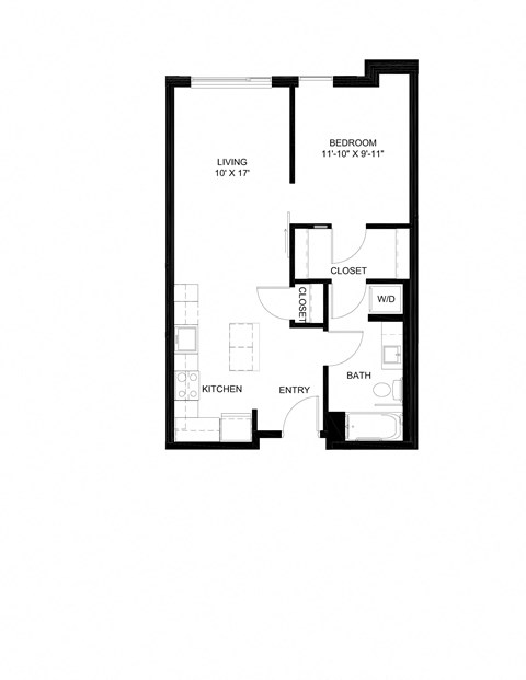 Floor plan for 1 bed, 1 bath, 661 sqft